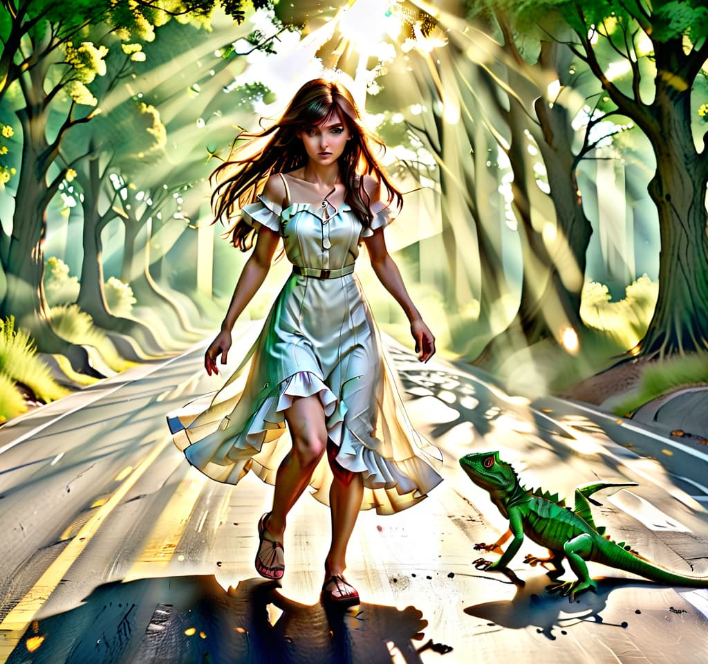  role playing game (rpg) style fantasy a young , slim, brown long hair, green eyes, a white dress with ruffles to the knee, without shoes, lizards run from the legs of the , an asphalt road among the trees, glare of light, the rays of the sun through the trees, lizards . detailed, vint, immersive, reminiscent of high fantasy rpg games, perfecteyes, on parchment, glowneon