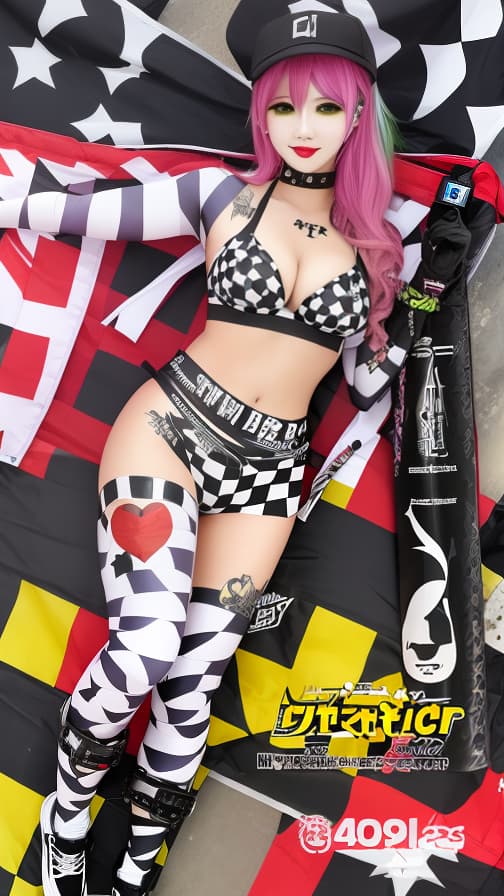  Full body checker flag pattern body paint, checker flag pattern face paint, succubus, full body image 女性