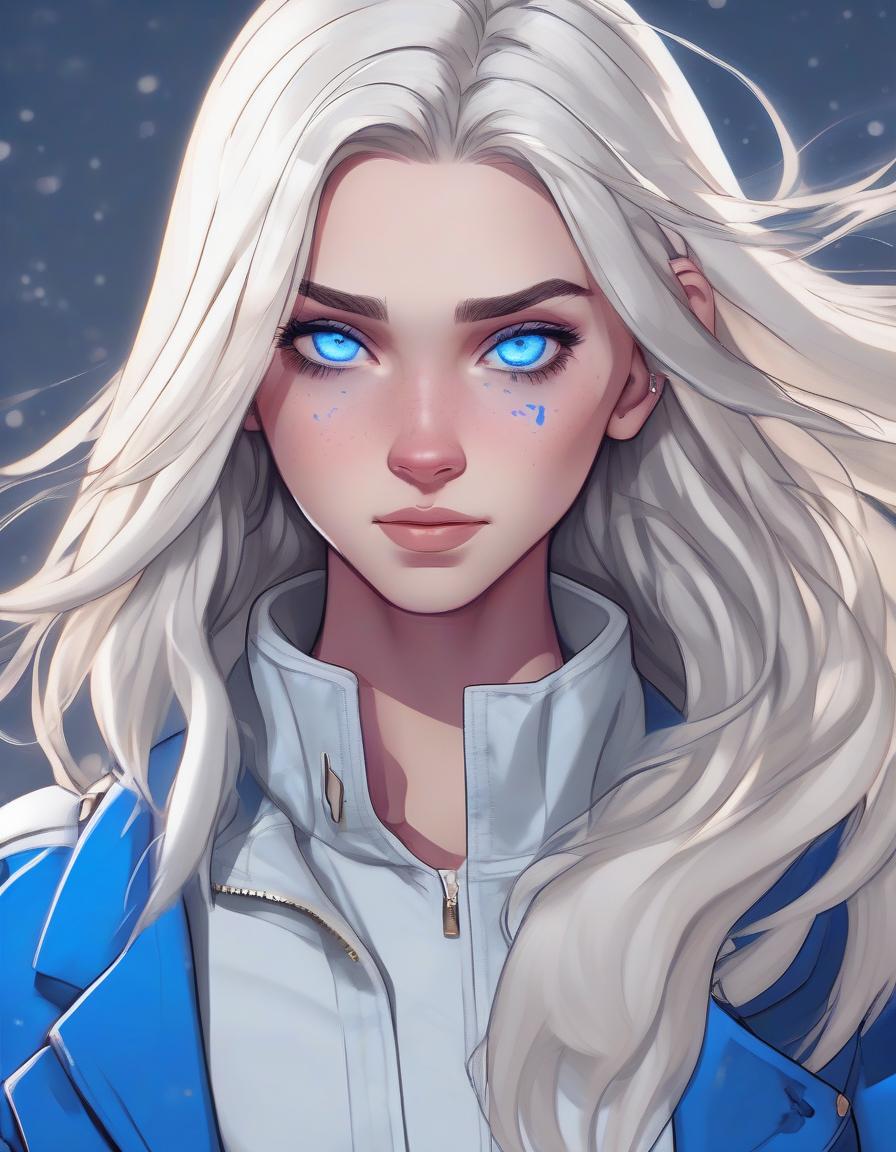  a girl with superpower, lets the cold out of her palm, stands half turn, white long loose hair, modern clothes, bright blue eyes