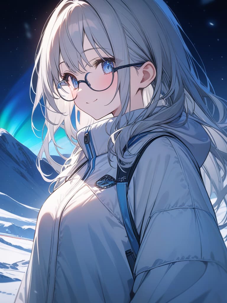  smile girls, blue eyes, long hair, gray hair, girls wearing glasses, glasses girls, glasses girls, happy smile, aurora, cold protection, antarctica, masterpiece, best quality,8k,ultra detailed,high resolution,an extremely delicate and beautiful,hyper detail