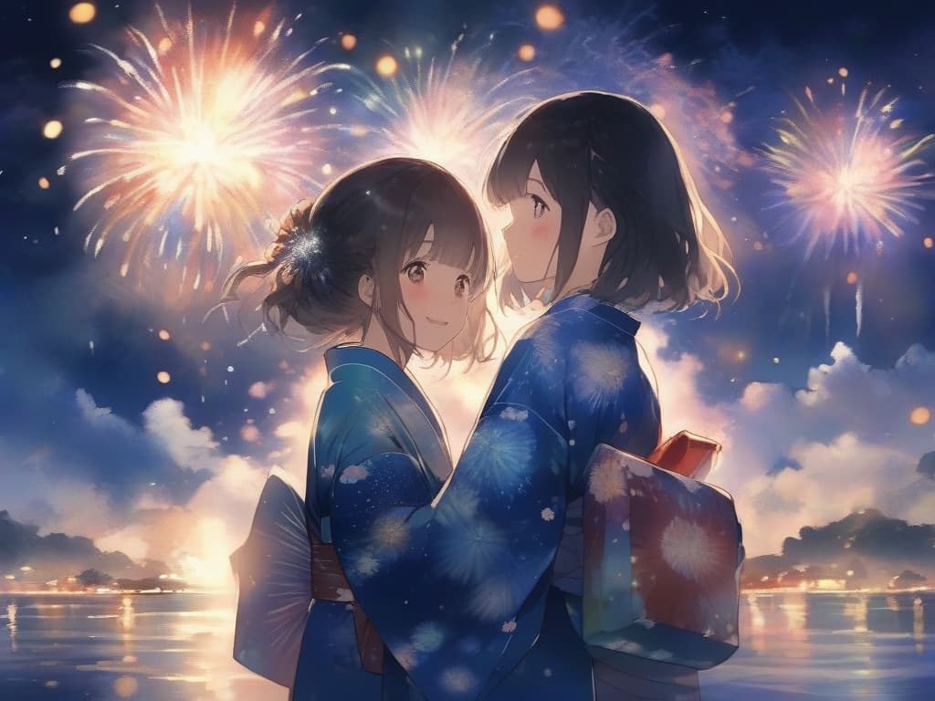  fireworks, yukata, girls, night sky, surroundings, nothing,