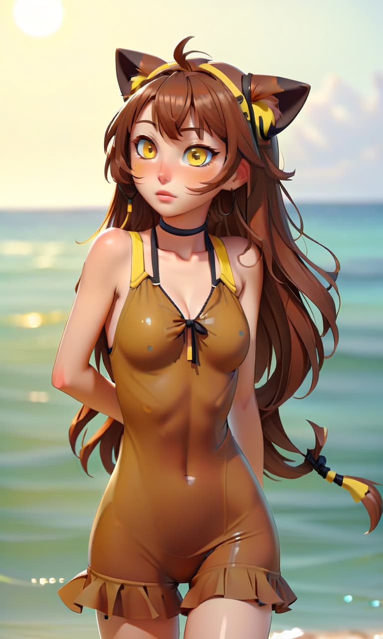  shy look, yellow eyes, brown hair, brown cat ears, dressed in an open swimsuit