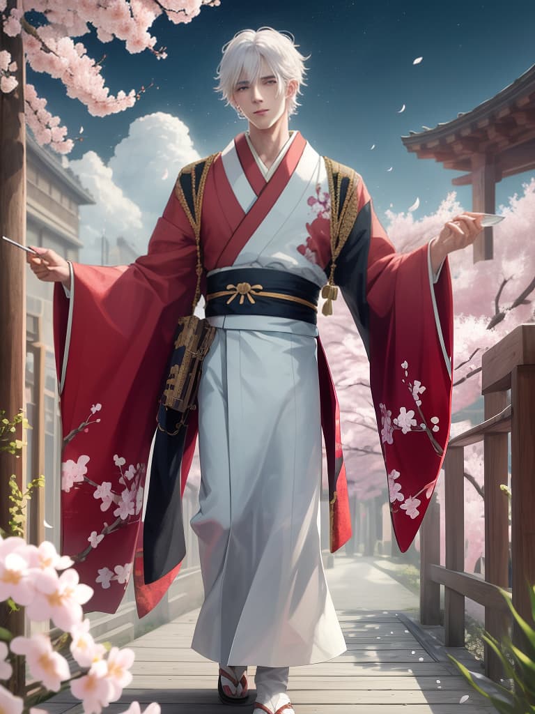  bacco smoking boy, white haired drink boy, cheerful boy, kimono, night cherry blossoms, wolf cut, drinking boy, masterpiece, best quality,8k,ultra detailed,high resolution,an extremely delicate and beautiful,hyper detail