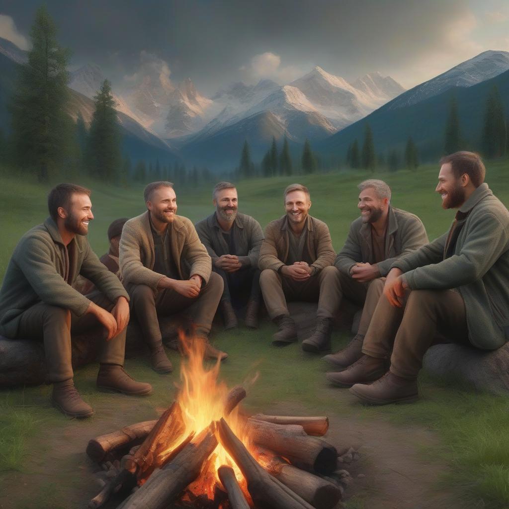  hyperrealistic art picture of ten russian men smiling as they sit in a circle on a green clearing by a campfire surrounded by mountains and trees . extremely high resolution details, photographic, realism pushed to extreme, fine texture, incredibly lifelike