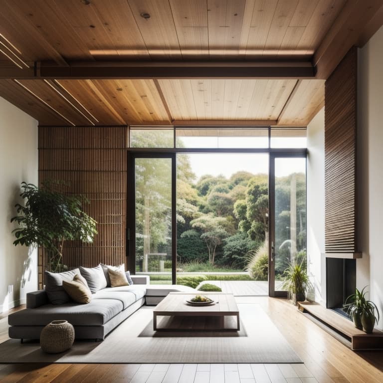  a spacious area with low, minimalist furniture such as a sleek wooden coffee table and floor cushions. the living room can include large windows with shoji style screens or floor to ceiling curtains for natural light. a small zen garden or indoor plants like bamboo can be incorporated. hyperrealistic, full body, detailed clothing, highly detailed, cinematic lighting, stunningly beautiful, intricate, sharp focus, f/1. 8, 85mm, (centered image composition), (professionally color graded), ((bright soft diffused light)), volumetric fog, trending on instagram, trending on tumblr, HDR 4K, 8K