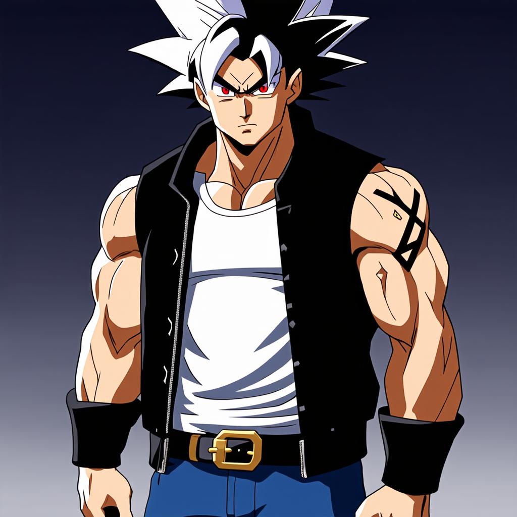  he is a half saiyan, half demon caucasian male with medium long spiky black hair that fades to white. his eyes are a scarlet hue with black pupils. he has a muscular build and an x shaped scar on his right shoulder. he wears a white tank top under a sleeveless black jacket, blue jeans with a gold belt buckle, and black and gold steel toe boots.