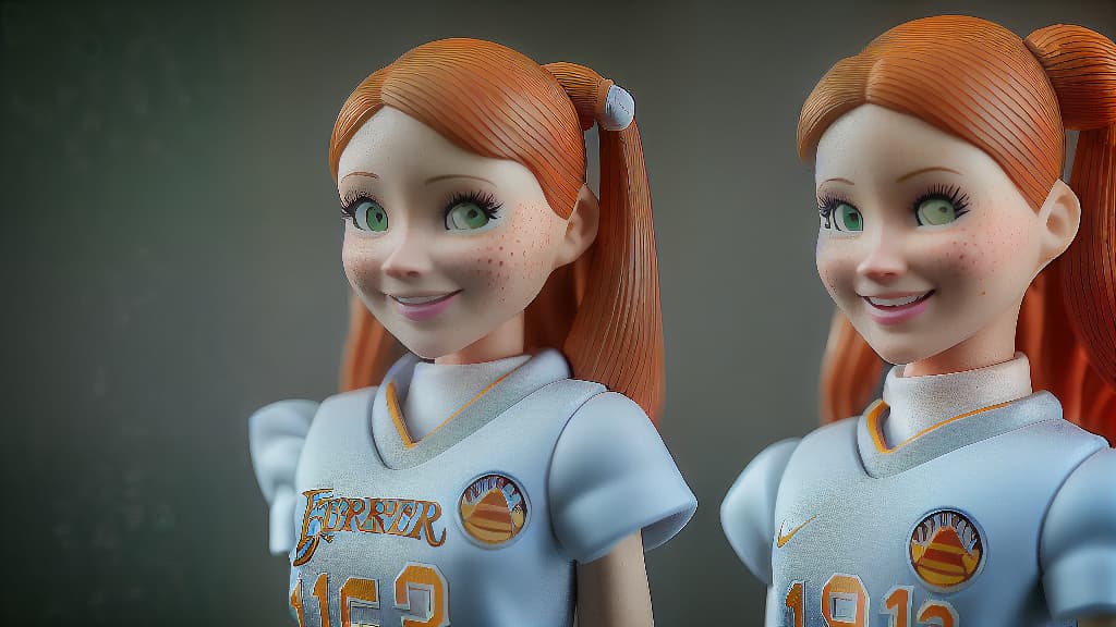  One girl around the age of 8-9 sits on a basketball and has a basketball shirt and in the background there is the basketball goal and she has a high ponytail, she is ginger and has freckles and she is smiling and it is 3D style hyperrealistic, full body, detailed clothing, highly detailed, cinematic lighting, stunningly beautiful, intricate, sharp focus, f/1. 8, 85mm, (centered image composition), (professionally color graded), ((bright soft diffused light)), volumetric fog, trending on instagram, trending on tumblr, HDR 4K, 8K