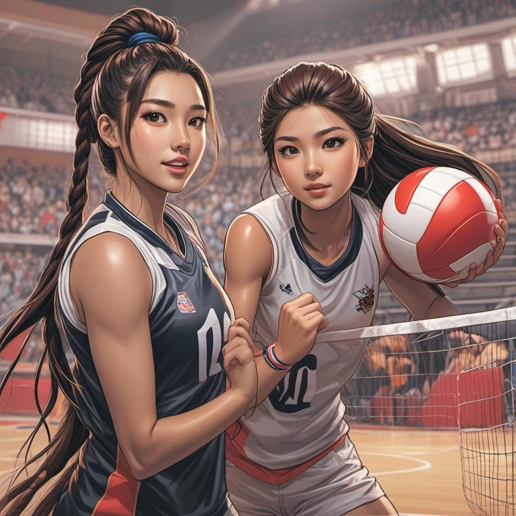  create two cartoon book characters playing volleyball. one is black with long braids. the other is white with long ponytail. brown hair. brown eyes , comic style, manga and manhwa style, painting style