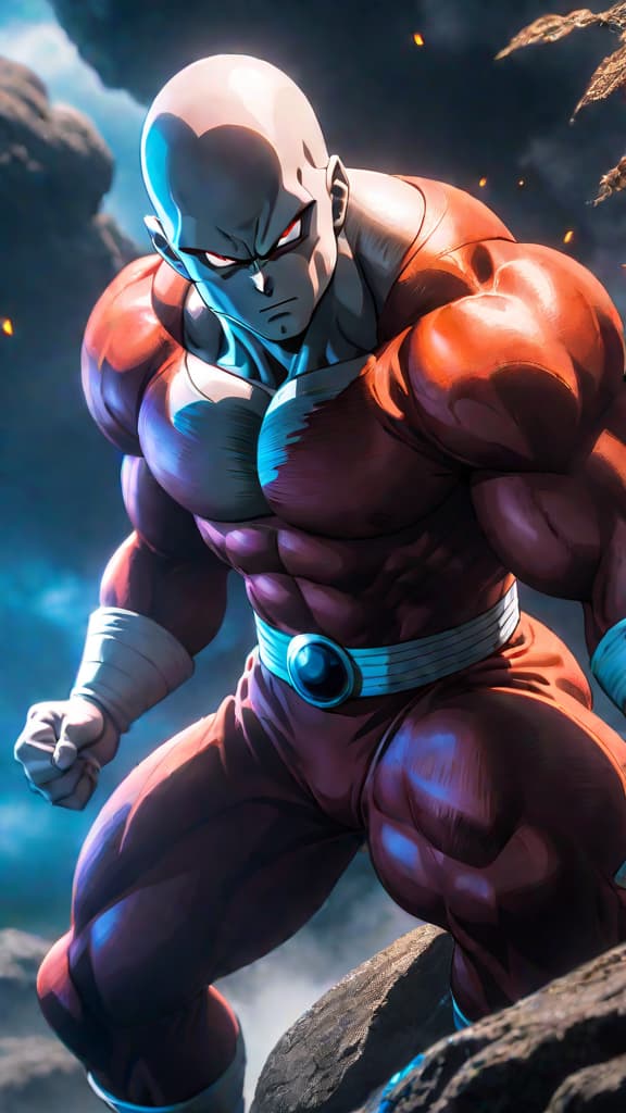  anime art: jiren from dragon ball universe 11, haunted by tragic past, seeks vengeance and power. hyperrealistic, full body, detailed clothing, highly detailed, cinematic lighting, stunningly beautiful, intricate, sharp focus, f/1. 8, 85mm, (centered image composition), (professionally color graded), ((bright soft diffused light)), volumetric fog, trending on instagram, trending on tumblr, HDR 4K, 8K