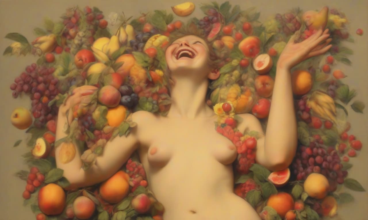  naked with flowers and fruits with outstretched hands and a laughing face