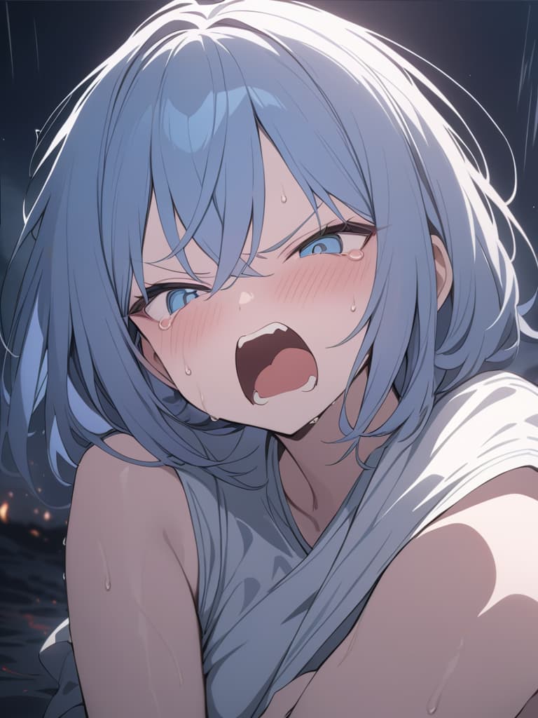  light blue hair, light blue eye, bob hair, darkness, hatred, angry crying, night, the end of the world, shouting, masterpiece, best quality,8k,ultra detailed,high resolution,an extremely delicate and beautiful,hyper detail