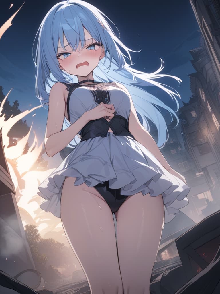  light blue hair, light blue eye, bob hair, darkness, hatred strengthening, angry crying, night, the end of the world, shouting, demon summoning, masterpiece, best quality,8k,ultra detailed,high resolution,an extremely delicate and beautiful,hyper detail