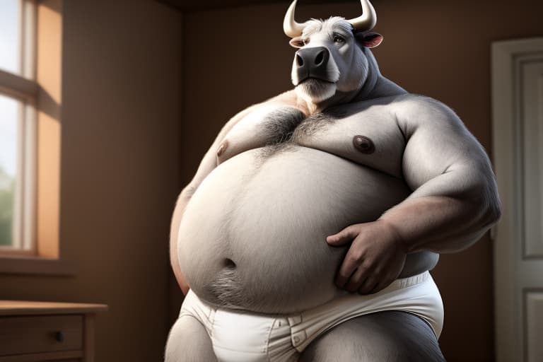  elderly male bull, gray fur, overweight, wearing a thick white diaper, open eyes, masterpiece, 4k, fine details,