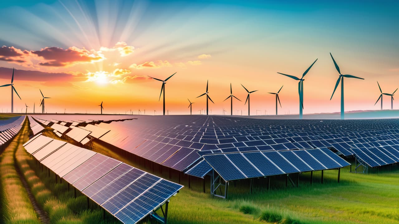  a vibrant landscape showcasing a field of solar panels glinting under the sun, surrounded by wind turbines on rolling hills, with a backdrop of blue skies and fluffy white clouds, reflecting a sustainable future. hyperrealistic, full body, detailed clothing, highly detailed, cinematic lighting, stunningly beautiful, intricate, sharp focus, f/1. 8, 85mm, (centered image composition), (professionally color graded), ((bright soft diffused light)), volumetric fog, trending on instagram, trending on tumblr, HDR 4K, 8K