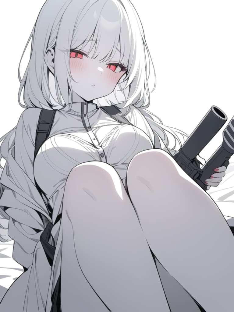  monochrome, girl, cool, sad, red color, with guns, masterpiece, best quality,8k,ultra detailed,high resolution,an extremely delicate and beautiful,hyper detail