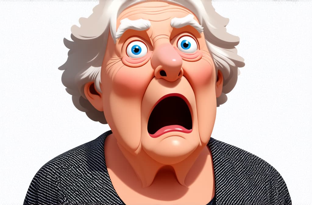  shocked surprised caucasian senior woman isolated on white background, close up, funny cartoon illustration ar 3:2 {prompt}, maximum details