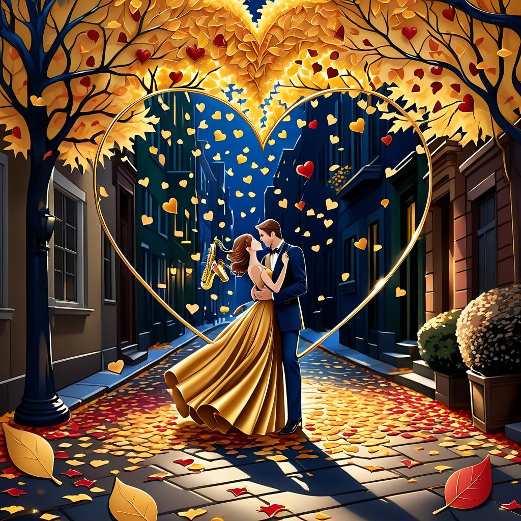  luxury product style on a carpet of yellow leaves in a simple dress of wind given crepe autumn danced a waltz boston in an alleyway. the warm day flew away and the saxophone sang hoarsely. (background of the card): falling autumn leaves, a whirlwind of autumn leaves, wind saxophone, a box of chocolates, the inscription "autumn waltz", a greeting card. (heart), a beautiful figure made of contours in the shape of a heart. (heart colour): night sky background, stars, gold pattern. (style):fantasy, autumn art, autumn romance. (colours):gold, green gold, navy blue, red, red gold, brown gold, silver, golden blue, bluish blue, dark blue on gold . elegant, sophisticated, high end, luxurious, professional, highly detailed