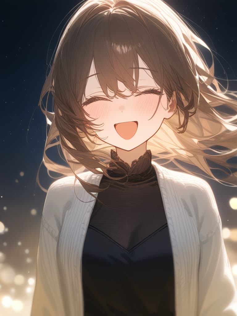  a girl laughing at me, bright brown hair, long hair, transparent ephemeral, black sleeveless dress, white cardigan, whole body facing in front, laughing, laughing, starry sky under the whole body, facing here, masterpiece, best quality,8k,ultra detailed,high resolution,an extremely delicate and beautiful,hyper detail