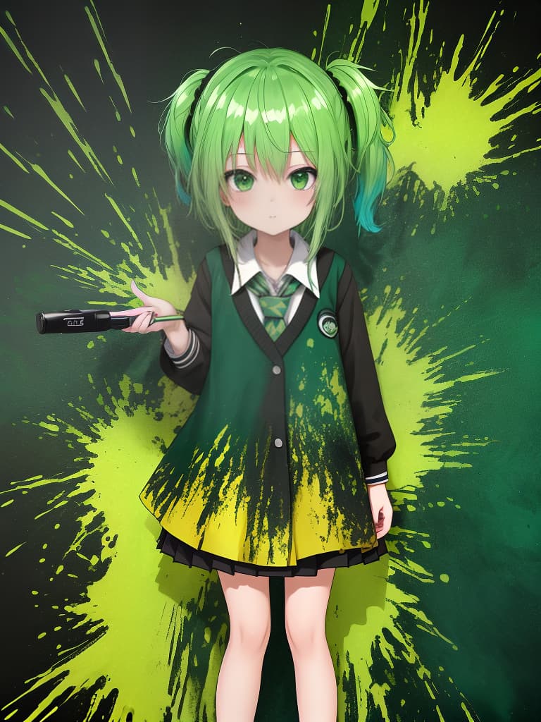  (4k 8k:1.3),(ultra hd:1.5),(accurate image quality:1.5),green haired schoolgirl on colorful grunge splat background with ink painting