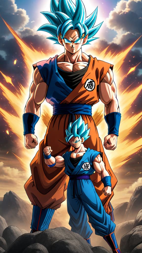  anime art, dragon ball z, z fighters ready for battle, trunks, goku, vegeta, androids arriving, teamwork hyperrealistic, full body, detailed clothing, highly detailed, cinematic lighting, stunningly beautiful, intricate, sharp focus, f/1. 8, 85mm, (centered image composition), (professionally color graded), ((bright soft diffused light)), volumetric fog, trending on instagram, trending on tumblr, HDR 4K, 8K