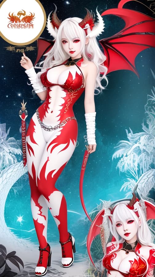  Red and G old dragon pattern face paint, golden dragon and red dragon pattern body paint in every corner of the whole body, White body paint, two succubus sisters, full body image 女性