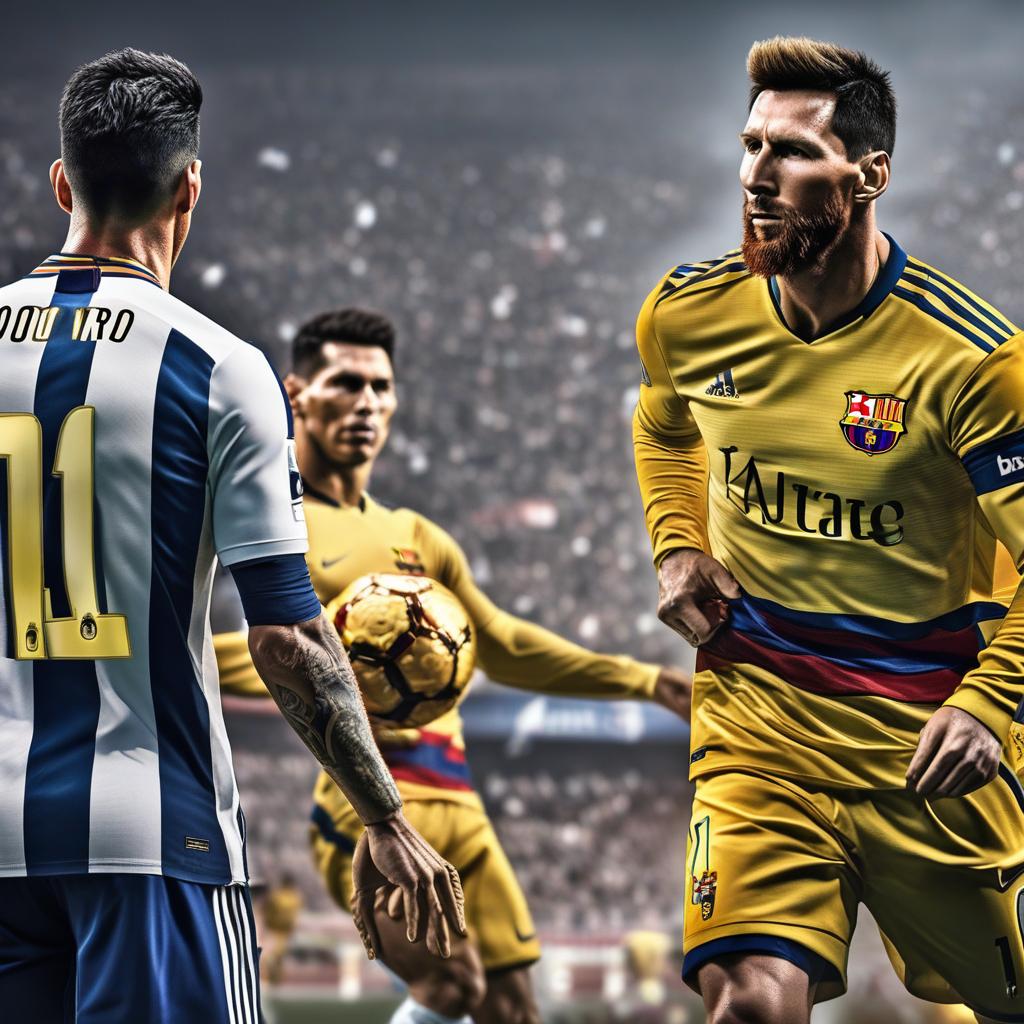  messi vs cr7. hyperrealistic, full body, detailed clothing, highly detailed, cinematic lighting, stunningly beautiful, intricate, sharp focus, f/1. 8, 85mm, (centered image composition), (professionally color graded), ((bright soft diffused light)), volumetric fog, trending on instagram, trending on tumblr, HDR 4K, 8K