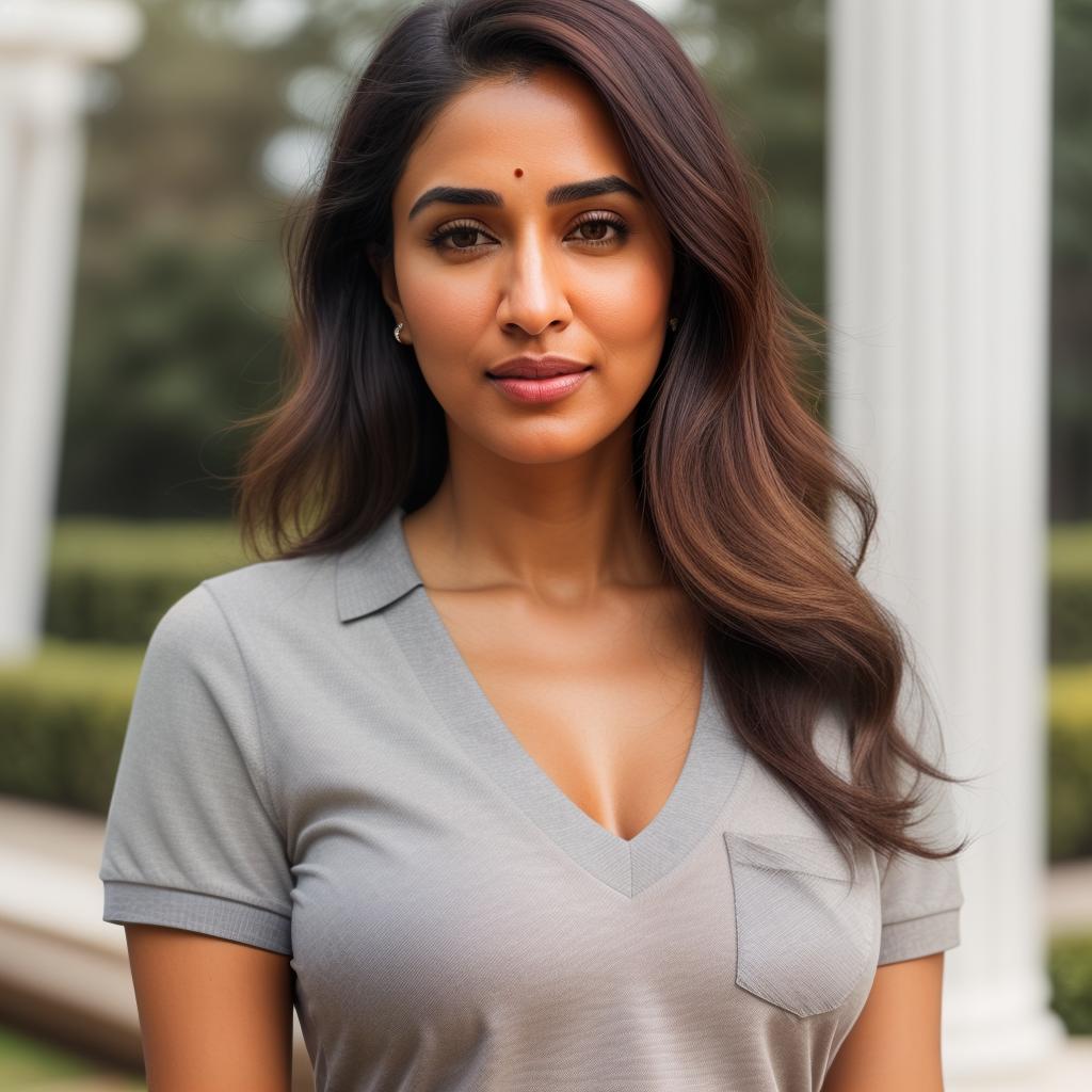  (((realistic full torso frontal head shot of a light brown to medium brown skin tone woman))), isha usha soni, ((indian heritage)), immature face, hazel eye color, ((short hair style)), (( hair color)), (( body type)), small size, small size, (immature small upturned nose), (immature prominent cheekbones), (immature smooth jawline), (immature full lips), (immature medium forehead), (immature even eyebrows), (immature rounded chin), standing straight looking directly into the camera,((wearing fitted polo shirt with deep v neck and monogrammed pocket)), backyard in background, 1girl, best quality, highest quality, award winning photo, masterpiece, raw, professional photography, photorealism, sharp focus, cinemat hyperrealistic, full body, detailed clothing, highly detailed, cinematic lighting, stunningly beautiful, intricate, sharp focus, f/1. 8, 85mm, (centered image composition), (professionally color graded), ((bright soft diffused light)), volumetric fog, trending on instagram, trending on tumblr, HDR 4K, 8K