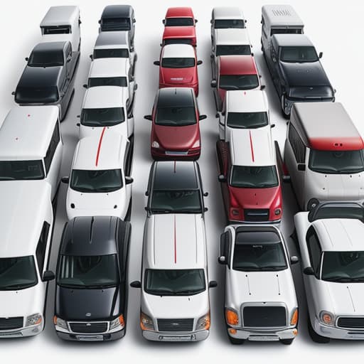  a very realistic image of a group of motor vehicles containing cars, vans, a trucks, a mini bus on a white background