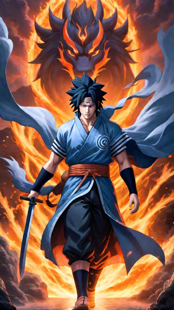  anime art of sasuke uchiha's susanoo in naruto shippuden, depicting his journey from avenger to protector. hyperrealistic, full body, detailed clothing, highly detailed, cinematic lighting, stunningly beautiful, intricate, sharp focus, f/1. 8, 85mm, (centered image composition), (professionally color graded), ((bright soft diffused light)), volumetric fog, trending on instagram, trending on tumblr, HDR 4K, 8K