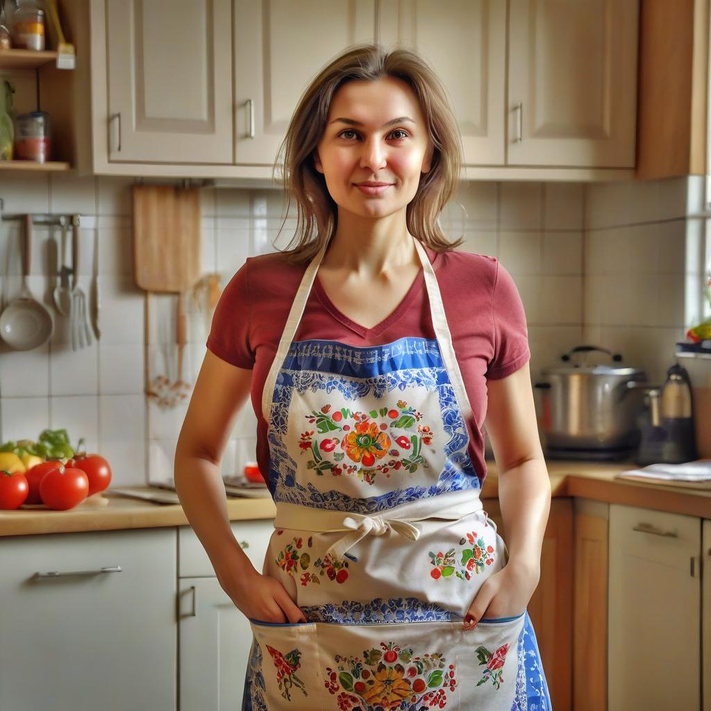  hdr photo of russian woman of 30 years of average build with juicy shapes in a kitchen apron and a loving look. realism . high dynamic range, vivid, rich details, clear shadows and highlights, realistic, intense, enhanced contrast, highly detailed, film photography style