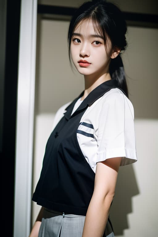  a old with black hair , standing in a good atmosphere., ((mathayom uniform)),black pleated ,white shirt short sleeves,the photograph has a cinematic quality to it, with dramatic lighting that emphasizes the beauty of the model advertising photo,high quality, good proportion, masterpiece , the image is captured with an 8k camera