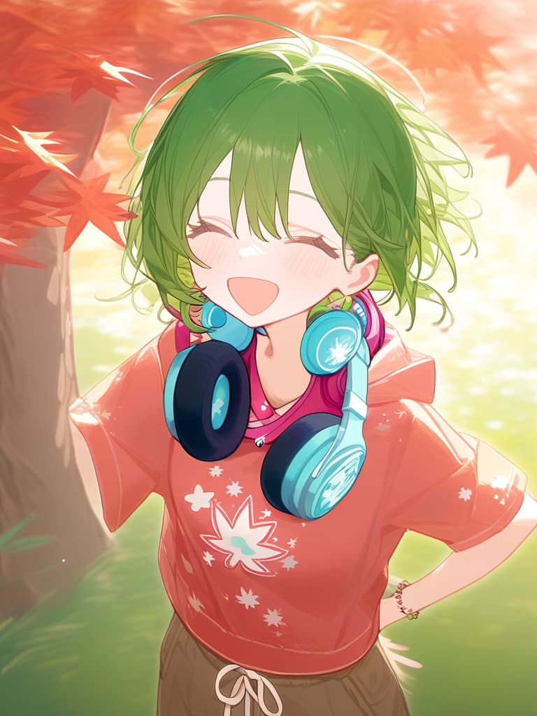  (((green short hair:1.5))),(((headphone around the neck:2.0))),very loud laugh,(((very joy:1.8))),(pastel red brown color palette:1.3),(pastel red hoodie with white maple tree print:1.4),(brown cargo pants:1.2),white sneakers,(red maple tree cap:1.1),(red and brown brown bracelet:1.1)