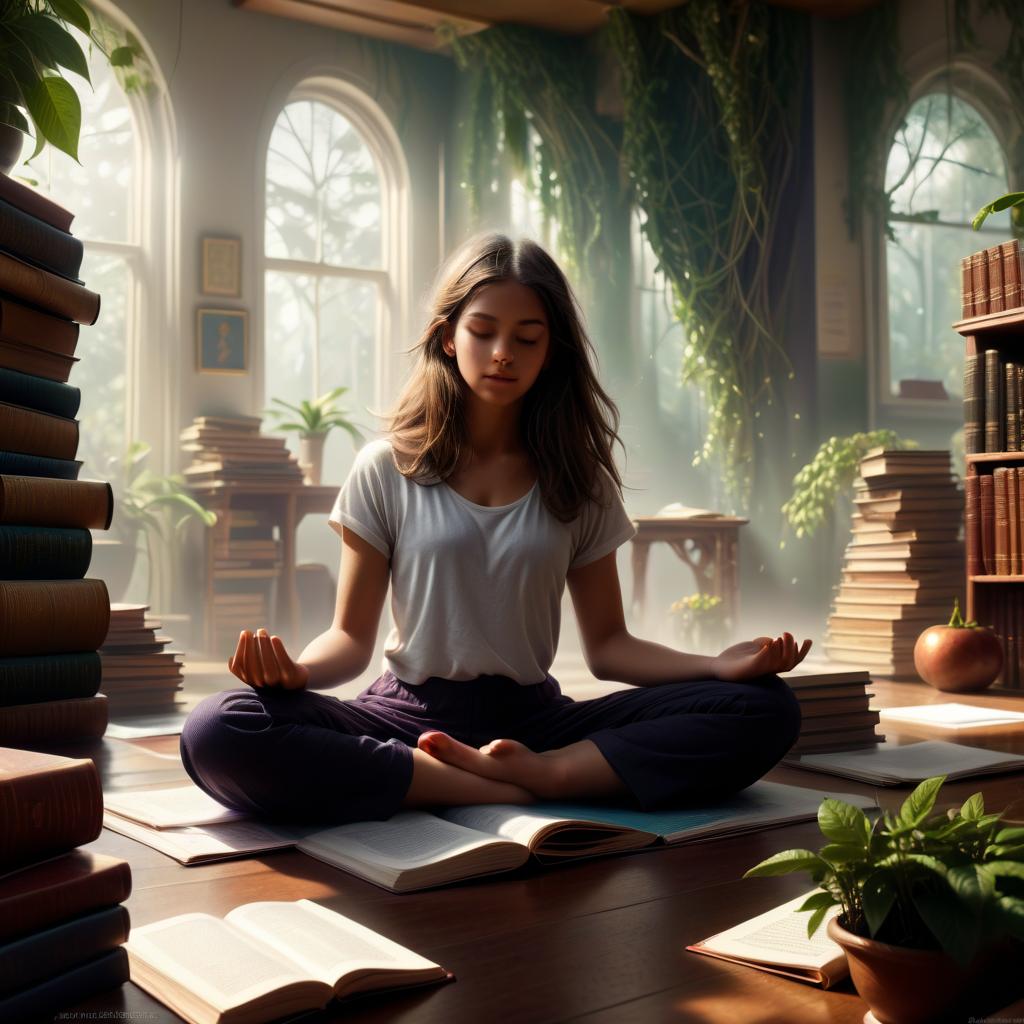  ethereal fantasy concept art of the classroom, the girl on the yoga mat, there are posters on the walls with wise tips for a healthy lifestyle, and greenery. there are carelessly scattered books on nutrition on the floor. . magnificent, celestial, ethereal, painterly, epic, majestic, magical, fantasy art, cover art, dreamy, civitai