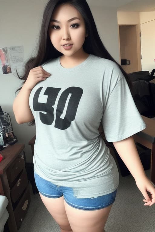  Asian curvy woman, short shorts, big tshirt