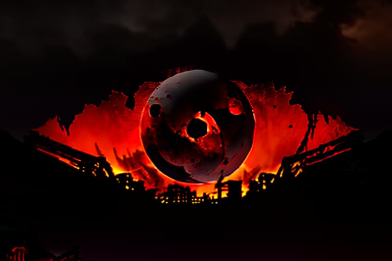  (dark shot:1.1), epic realistic, A logo with an eye hidden behind a crimson blood moon in the midst of a destroyed city, moral decay, drugs, murder, more blood, alcohol, sleaziness, decay, civilizational collapse, darkness, oppression, decay, disillusionment, and fall., faded, (neutral colors:1.2), (hdr:1.4), (muted colors:1.2), hyperdetailed, (artstation:1.4), cinematic, warm lights, dramatic light, (intricate details:1.1), complex background, (rutkowski:0.66), (teal and orange:0.4) hyperrealistic, full body, detailed clothing, highly detailed, cinematic lighting, stunningly beautiful, intricate, sharp focus, f/1. 8, 85mm, (centered image composition), (professionally color graded), ((bright soft diffused light)), volumetric fog, trending on instagram, trending on tumblr, HDR 4K, 8K