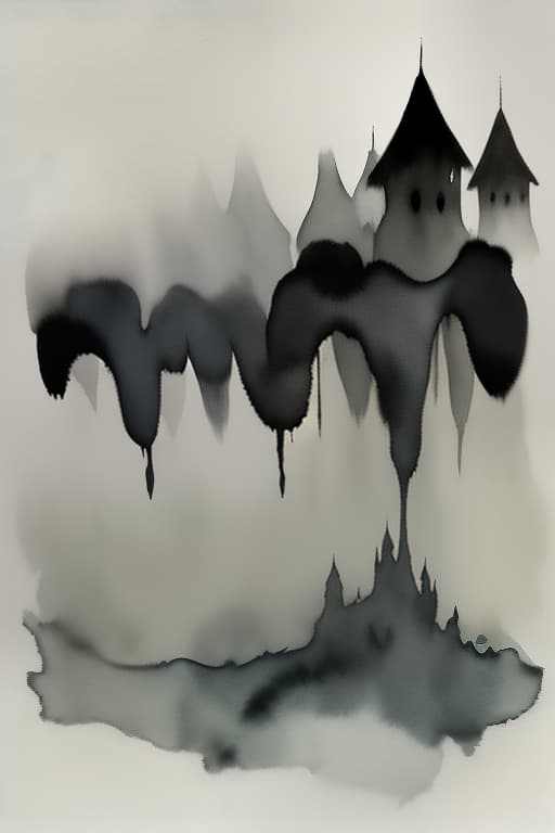  ghosts, ghosts, spirits, fog, lifeless land. painted with paint and brush, watercolor, smooth shadows. black, white, gray, ash., (surrealism), dreamlike , distorted , abstract , symbolic