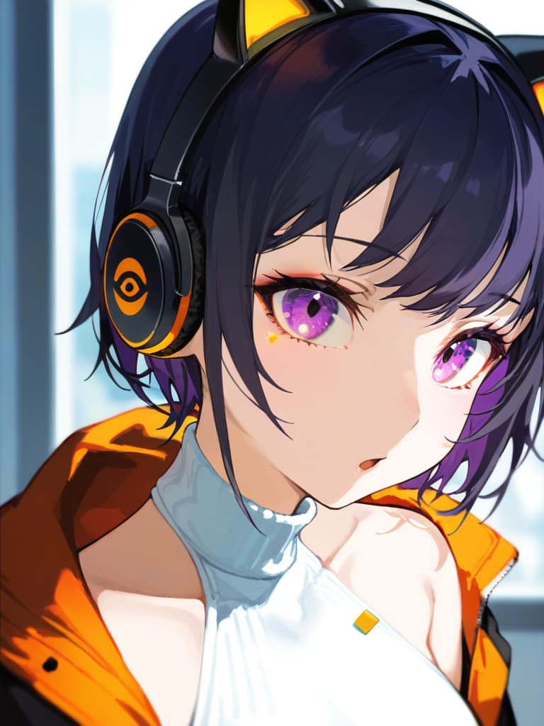  (black cat ear headphones: 1.2), masterpiece, open mouth, best quality, (purple eyes: 1.2), (close up: 1.2), from front, medium hair, earring. ir: 1.4), (orange overside jacket), shoulder gap, (white turtleneck: 1.1), (hair pin: 1.3)