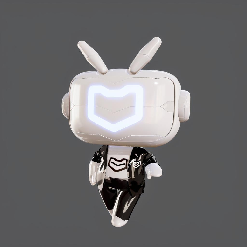  anxiaozhi,a cute white robot with white mask wears a black suite.