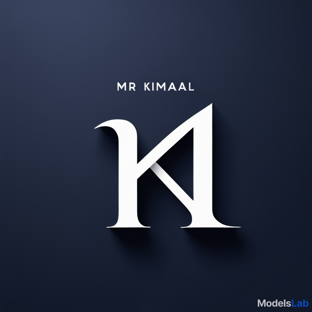  a modern digital logo design featuring a geometric 'm' symbol and text 'mr kamal' centered on a dark navy blue gradient background (#0a0a2b). the large white logo consists of two interlocked letters 'm' and 'k', rendered in a bold, sans serif font. the 'm' is positioned centrally at the top, with sharp angles and clean lines, while the 'k' is partially embedded within the 'm', creating a cohesive design. the letters have a three dimensional effect with soft shadows cast to the right and bottom, adding depth and dimensionality to the flat design. below the logo, the text 'mr kamal' is displayed in bold, metallic silver uppercase letters with a slight reflective sheen, using the same sans serif font as the logo. the text is centered both hori hyperrealistic, full body, detailed clothing, highly detailed, cinematic lighting, stunningly beautiful, intricate, sharp focus, f/1. 8, 85mm, (centered image composition), (professionally color graded), ((bright soft diffused light)), volumetric fog, trending on instagram, trending on tumblr, HDR 4K, 8K