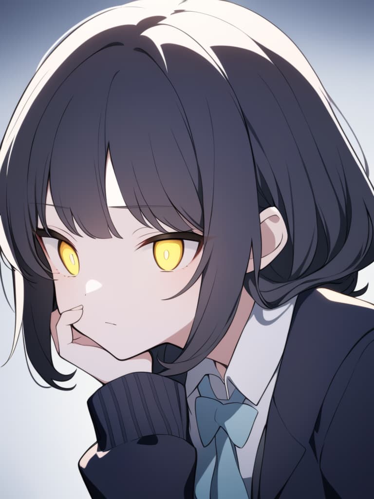  "a cute high school girl with natural black hair,wearing a hoodie layered under a blazer. she has sharp yellow eyes and a serious yet mysterious expression. her pose is slightly angled,with one hand covering part of her face,giving off a secretive,cool vibe. the background is minimal,focusing on the character's face,and the lighting emphasizes her glowing eyes. the style should be clean and high resolution,perfect for an icon,capturing her mysterious charm while keeping it cute and cool."