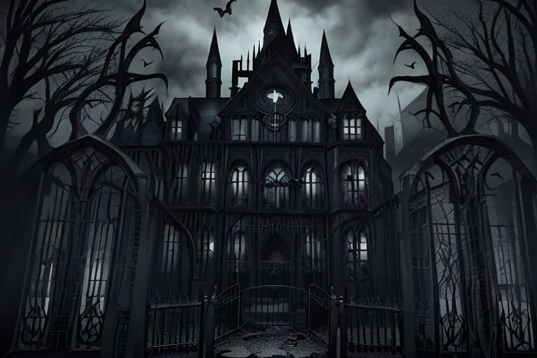  Arkham Asylum* Create a street view image of Arkham Asylum's entrance, showcasing its imposing gothic architecture, iron gates, and eerie atmosphere.