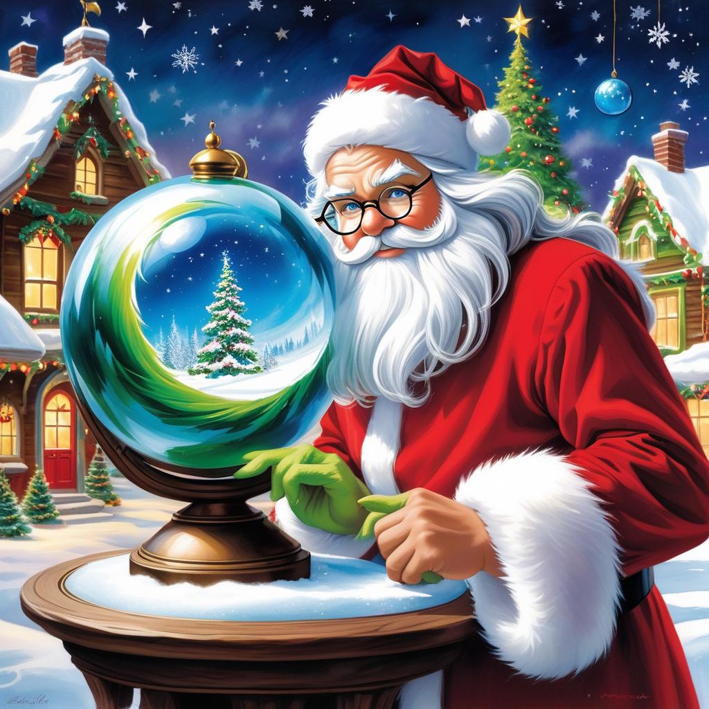  old fashion santa claus, wearing his red suit , beautiful white beard and round gold rimmed glasses ,blue eyes, looking at the giant orb with the grinch in the giant orb, santa is holding the giant orb in his hand and he is looking at the grinch bg is black and magical snow , airbrushed watercolor acrylic painting , full view , the whole scene is magical