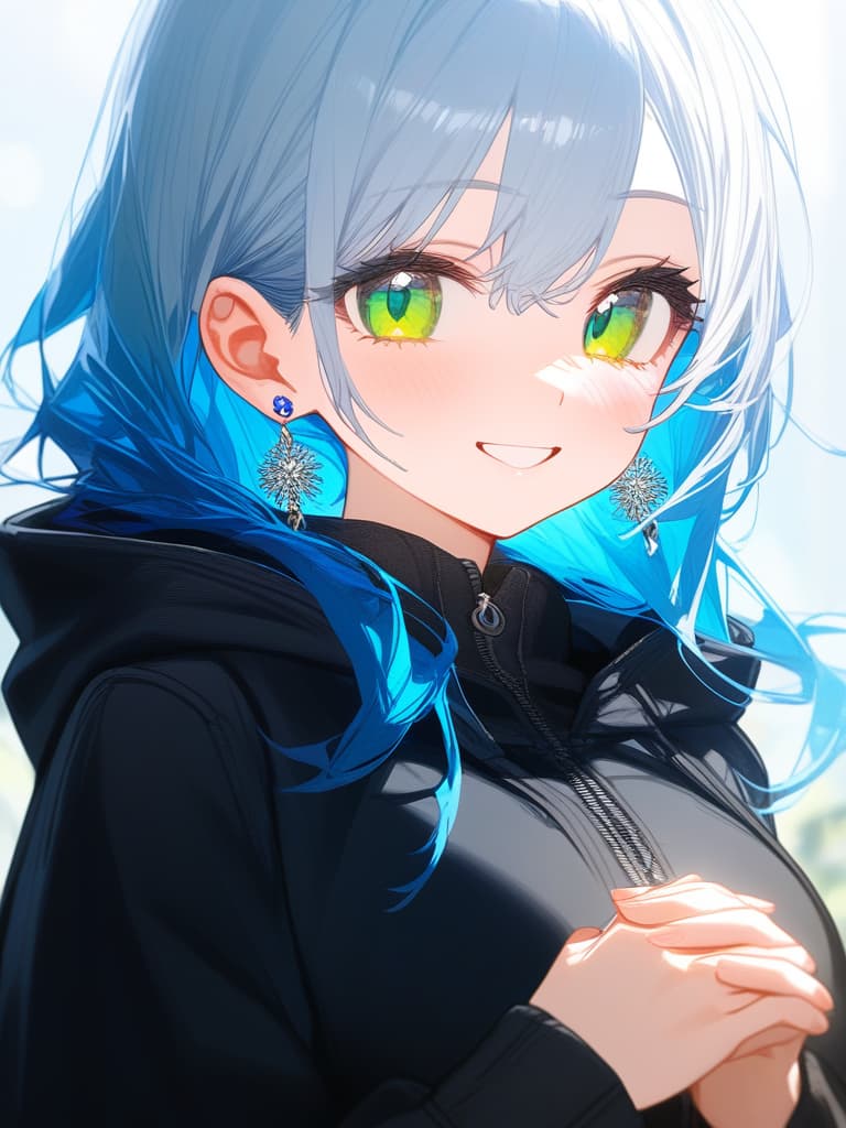  from front,1girl,best quality,(gradation hair:1.3),white hair,blue hair,masterpiece,(black parka:1.3),(((own hands together))),bob,(earrings:1.3),joyful,(endearing smile),looking at the camera,close up,green eyes,hires,ultra detailed,