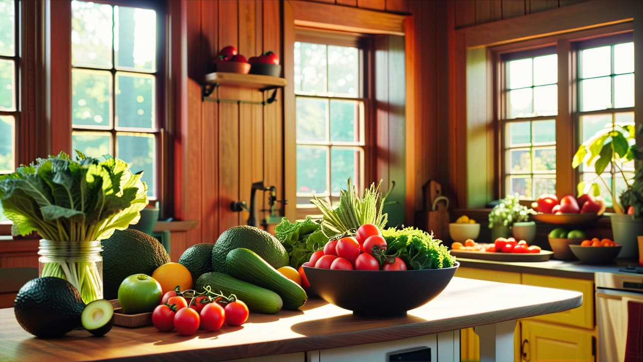  a vibrant table filled with colorful fruits and vegetables, a cutting board with sliced avocados and tomatoes, a blender, leafy greens in a bowl, and a sunlit kitchen window showcasing fresh herbs. hyperrealistic, full body, detailed clothing, highly detailed, cinematic lighting, stunningly beautiful, intricate, sharp focus, f/1. 8, 85mm, (centered image composition), (professionally color graded), ((bright soft diffused light)), volumetric fog, trending on instagram, trending on tumblr, HDR 4K, 8K