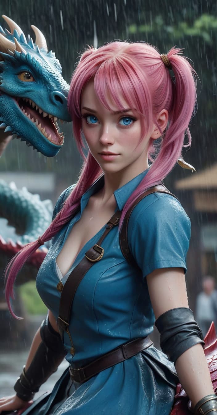  realistic photos of cinematic quality. 2, big s, sharp s, pink hair, blue eyes, two pigtails, skin. riding a dragon. it is raining.