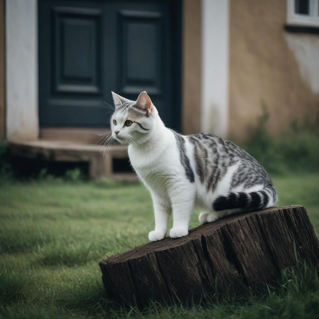  photo of a large white, yard, beautiful cat, along with his kitten. a cat teaches its kitten to jump on a high stump. the foam stands in the grass, behind all this is the wall of the country house. these trainings take place every day, they jump many times like in a training center. photo positive, mood to win, cinematic film style, shallow depth of field, vignette, highly detailed, high budget, bokeh, cinemascope, moody, epic, gorgeous, film grain, grainy