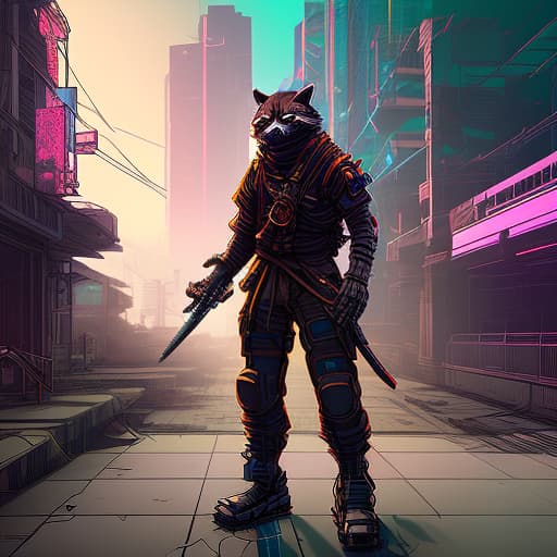 nvinkpunk ninja raccoon cyberpunk armour of god, (intricate details:1.12), hdr, (intricate details, hyperdetailed:1.15)