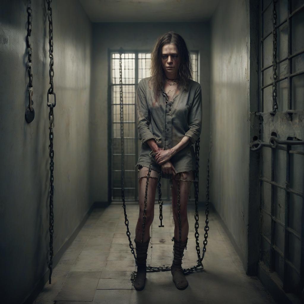  realistic full length photograph of a chained in a prison cell. her clothes are torn on her .