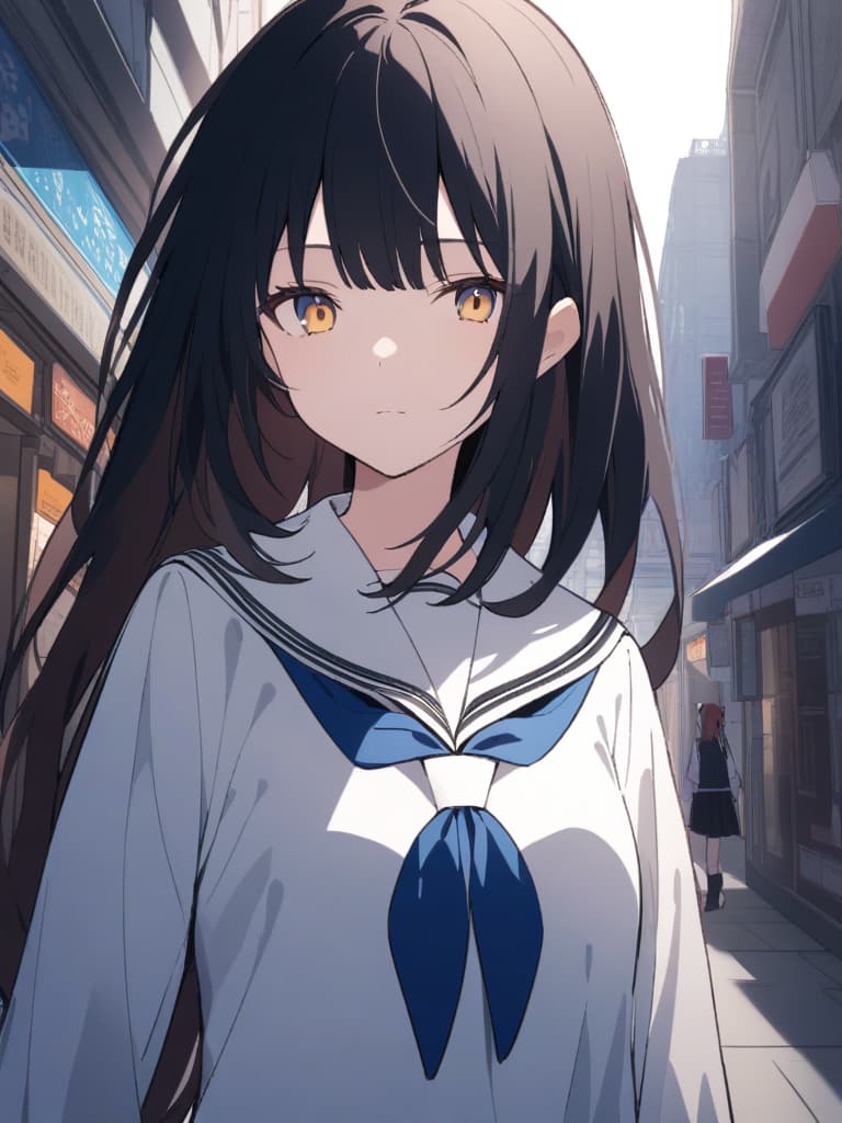  bangs blue bow blue neck wear blue long sleeve bow thai long sleeved neck wear sailor collar uniform sailor clear uniform white sailor collar white shirt black hair black hair blue eye oda ida hair hair redhead two tone hair yellow eye closed mouth camera a single woman standing outdoors alone blue bowtie colored herr strait n 1: 1 aspect ratio ai created sankaku ai high resolution file size tag wanted very high resolution