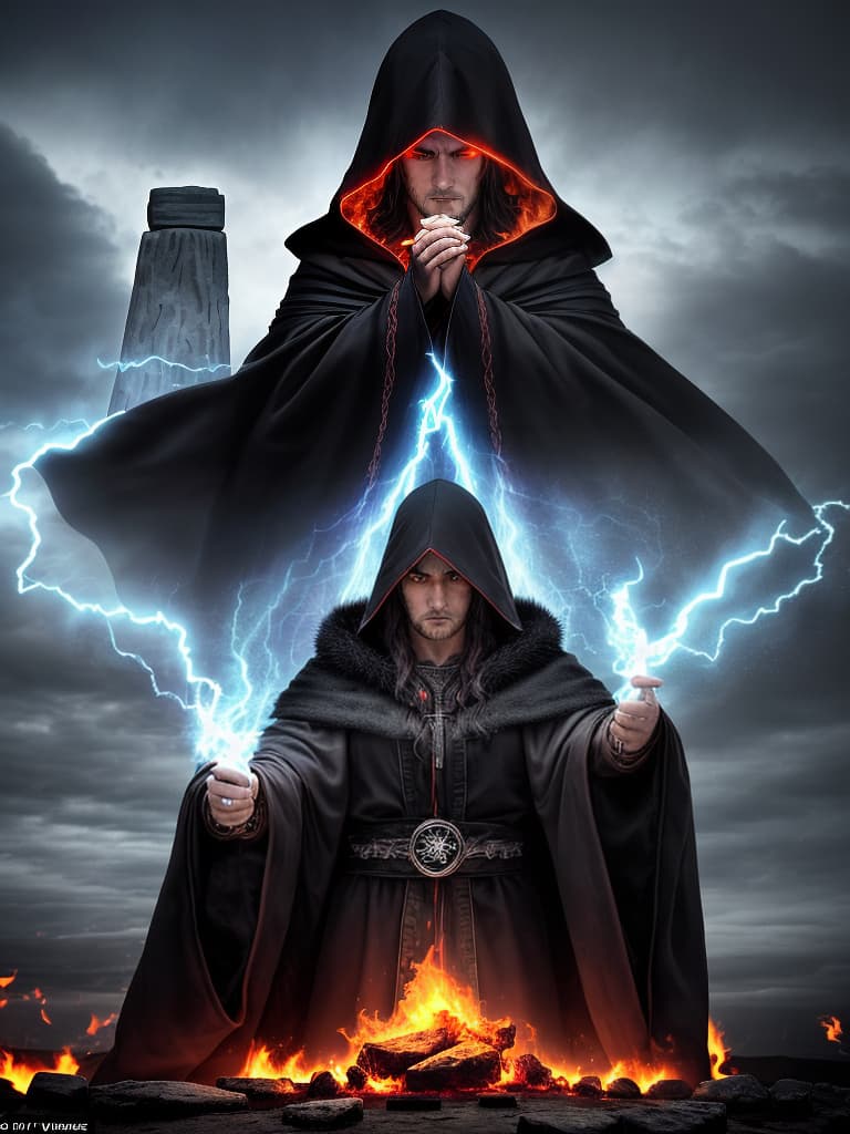  Pagan warlock, facing viewer, wearing a hooded cloak, his face hardened, eyes cold, a scar runs down the left side of his face; standing at an alter, conjuring a fire elemental from within Stonehenge during a thunder and lightning storm